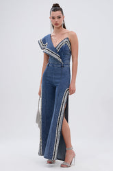 LUXURIOUS DENIM PANTS WITH SIDE SLITS
