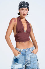 PAXTON SEXY RUCHED PLUNGE MESH HALTER TOP