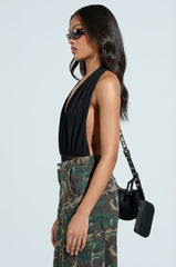 PAXTON SEXY RUCHED PLUNGE MESH HALTER BODYSUIT IN BLACK