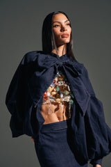 LEAH RUCHED DENIM MOCK NECK TOP IN DARK BLUE DENIM