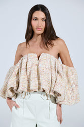 THE PRETTIEST FLOWER TWEED OFF-SHOULDER TOP