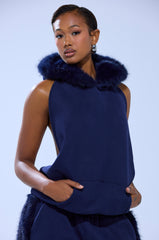 LUXE FUR OPEN BACK SWEATSHIRT IN NAVY