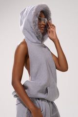 LUXE FUR OPEN-BACK SWEATSHIRT IN GREY