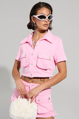 WORK FOR IT MINERAL WASHED CROPPED BUTTON DOWN IN PINK