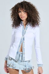 RIB KNIT DENIM TRIM BUTTON DOWN COLLARED SHIRT IN WHITE