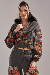 TRY ME FLORAL DENIM ZIP UP SWEATSHIRT