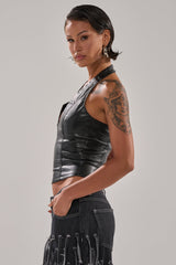 WITHOUT A DOUBT FAUX LEATHER HALTER NECK CORSET IN BLACK