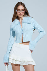 ANGEL EYES FUR TRIM CARDIGAN IN BLUE