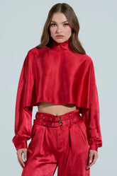 FEELIN' THE LOVE SATIN MOCK NECK BLOUSE IN RED