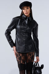 FEELING RICH FAUX LEATHER BUTTON DOWN IN BLACK