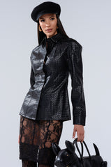 FEELING RICH FAUX LEATHER BUTTON DOWN IN BLACK