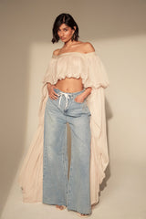 SLOUCHY SQUARE NECK LONG SLEEVE BLOUSE TOP