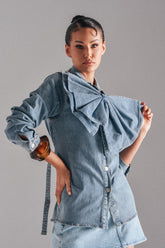 TWO-TONE BOW DENIM BUTTON DOWN SHIRT