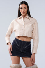 LUXURY GIRL WOVEN PU CROPPED BUTTON UP SHIRT IN IVORY