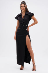 CHELSEA BUTTON SIDE COATED DENIM MAXI DRESS