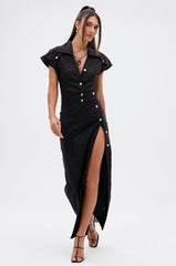 CHELSEA BUTTON SIDE COATED DENIM MAXI DRESS