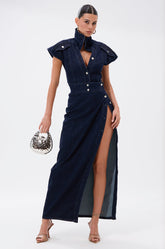 CHELSEA BUTTON SIDE DENIM MAXI DRESS