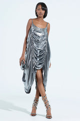 SMOOTH OPERATOR RUCHED MINI DRESS IN METALLIC GREY