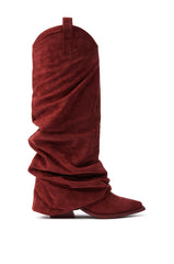 AZALEA WANG LETTICE BURGUNDY FAUX SUEDE WESTERN BOOT