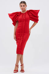 PURE JOY MIDI DRESS WITH DRAMATIC SLEEVE IN RED
