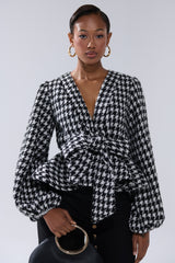 GIRL PLEASE HOUNDSTOOTH TIE-FRONT BLOUSE