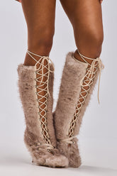 AZALEA WANG LOURDANNE IVORY FUR LACE UP BOOT
