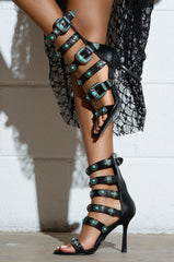 AZALEA WANG MACAW BLACK EMBELLISHED GLADIATOR STILETTO SANDAL