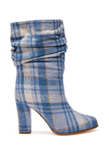 AZALEA WANG MATHAIS BLUE MULTI PLAID ROUND TOE BOOTIE