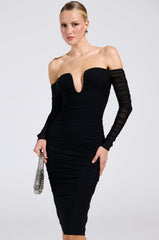 RENEE RUCHED OFF THE SHOULDER MIDI DRESS