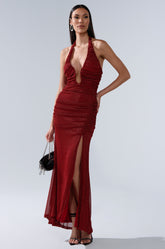 SERPENTI PLUNGE MAXI DRESS IN METALLIC BURGUNDY