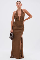 SERPENTI PLUNGE MAXI DRESS IN METALLIC BROWN