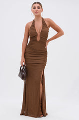 SERPENTI PLUNGE MAXI DRESS IN METALLIC BROWN
