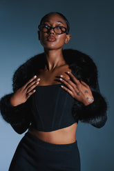 BIG MOOD FUR TRIM SHRUG IN BLACK
