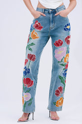 INTO THE GARDEN FLORAL EMBROIDERED DENIM JEANS