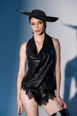 KRISTIN FAUX LEATHER HALTER BLOUSE IN BLACK