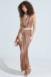 ALL OF THE GLAMOUR SLINKY MAXI SKIRT IN MAUVE
