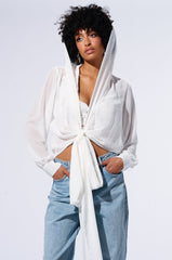 MARGO TIE FRONT BLOUSE WITH HOOD IN WHITE