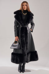 VIVAN LONG PU TRENCH WITH FAUX FUR TRIM