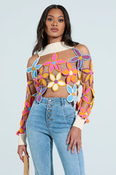 SPRING CUTOUT FLORAL MOCK NECK SWEATER