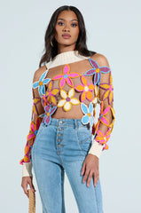 SPRING CUTOUT FLORAL MOCK NECK SWEATER