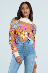 SPRING CUTOUT FLORAL MOCK NECK SWEATER