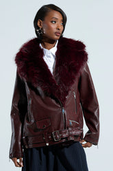 ON THE GO FUR TRIM MOTO IN BURGUNDY