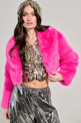 LIGHTS OUT CROPPED FAUX FUR JACKET IN PINK