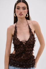 SEQUIN FRINGE QUEEN HALTER NECK BLOUSE