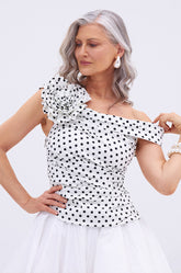 RUCHED POLKA DOT OFF THE SHOULDER TOP