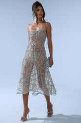 RIGHT THIS WAY RHINESTONE MIDI DRESS IN NUDE