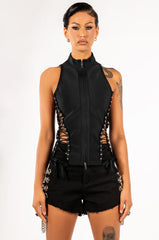 ABCDEFU LACE UP MOCK NECK SLEEVELESS BANDAGE TOP