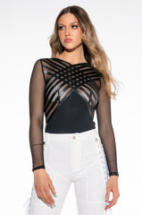 AFTER DARK FAUX LEATHER PANEL LONG SLEEVE MESH BODYSUIT