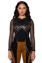 AFTER DARK FAUX LEATHER PANEL LONG SLEEVE MESH BODYSUIT