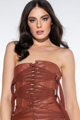 AFTER THE AFTER PARTY LACE UP FAUX LEATHER BUSTIER